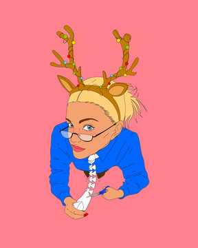 Portrait of festive young woman with reindeer ears cutting snow angels into necktie