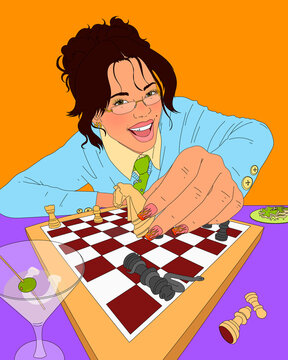 POV happy, playful woman playing chess and drinking martini