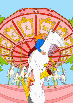 Low angle view young woman riding horse off merry-go-round