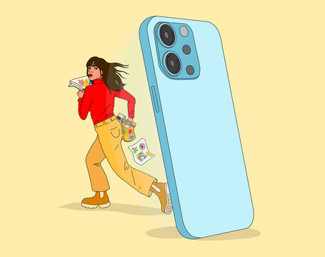 Woman with art supplies running from smart phone