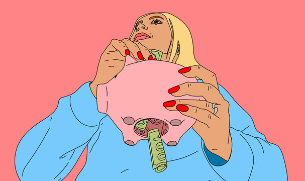 Low angle view young woman depositing money into piggy bank with hole in bottom