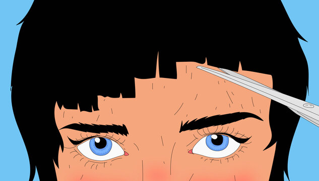 Close up portrait of young woman cutting bangs with scissors