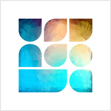 Atmospheric Geometry - Sunlit Bay Solid shapes fragments rigid geometry and fluid, organic textures, gradient Cyan & Warm Sandstone