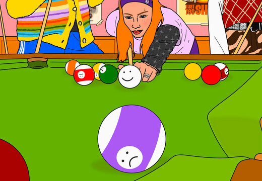 Young woman playing pool with smiley face and frowning face balls