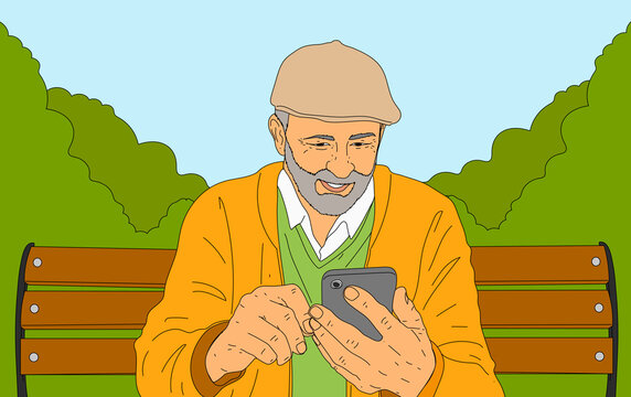 Senior man using smart phone on park bench