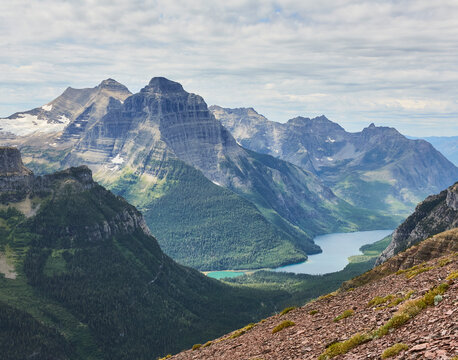 Scenic, majestic view of Canadian Rockies mountain range and lake, Waterton Lakes National Park
