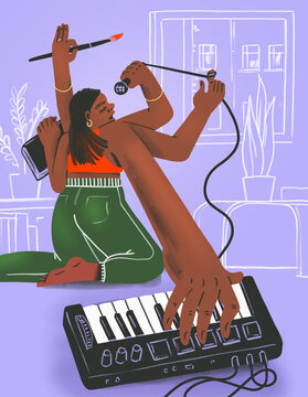 Creative young woman multitasking various hobbies - playing piano, singing, and painting