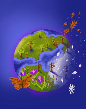 Four seasons reflected over globe on bright blue background