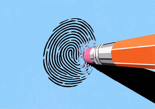Large pencil eraser erasing fingerprint on blue background