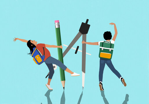 Playful schoolboy and schoolgirl dancing with pencil and drawing compass against blue background