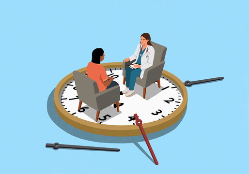 Thoughtful female doctor speaking with patient on broken clock