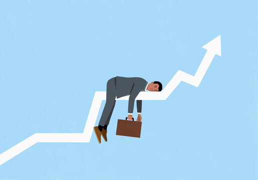 Businessman sleeping on rising arrow chart against blue background