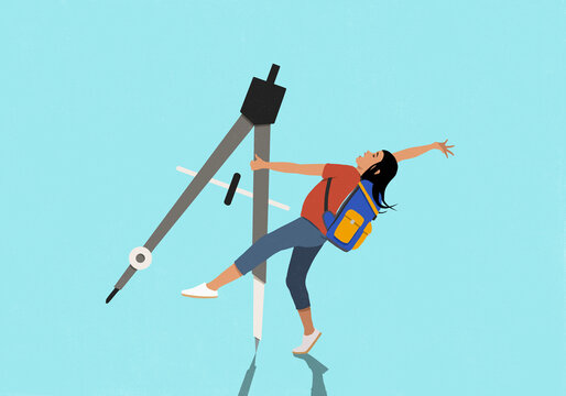 Carefree schoolgirl dancing with drawing compass against blue background