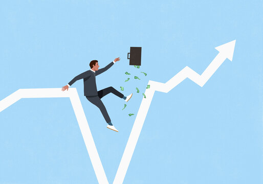 Male investor with money briefcase falling into chasm on line graph against blue background