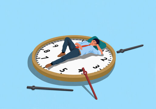 Tired businessman sleeping on broken clock