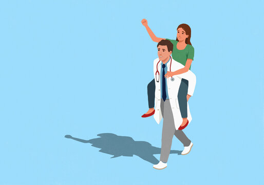 Male doctor piggybacking cheering female client against blue background
