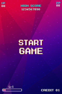 START GAME. Retro Futurism Sci-Fi Background. glowing neon grid and star from vintage arcade computer games. Vertical Backgrounds