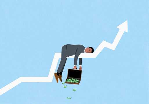 Money falling from briefcase in hand of businessman sleeping on rising graph arrow