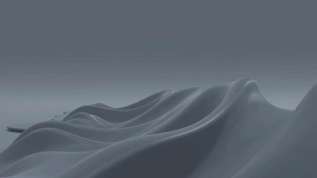 Smooth wave-like shapes flow and undulate across a gradient gray background with soft shading and blue-gray tones. Futuristic backdrop inspired by fluidity and calm.