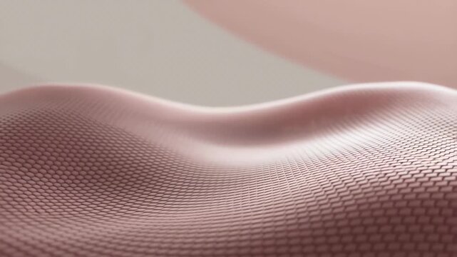 Soft pink textured grid surface undulates smoothly with wave-like motion over a light cream gradient background. Futuristic backdrop inspired by fluidity and softness.