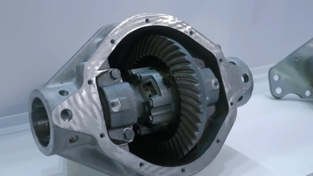 A sample of the new rear axle gearbox for a car is presented at the exhibition. Closeup. Shot in motion
