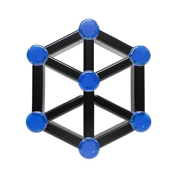 A3d geometric structure featuring a black wireframe cube with glossy blue spheres at each vertex and a central point, isolated on a white background, for clear visibility