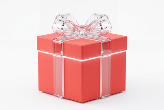 Icono 3D de caja de regalo luminosa con lazo de cristal transparente
