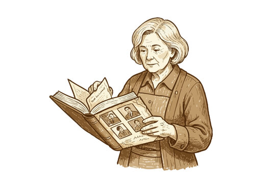 Elderly Woman Reading Illustrated Book.
