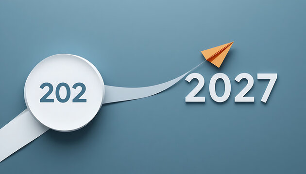 Stylized graphic with blue background showing circular shape containing number 202 connected by curved ribbon path leading to number 2027 with orange paper airplane above new year 2027&lrm; 