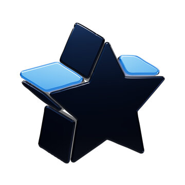 A3d rendered glossy five pointed star with dark navy blue sides and light blue surfaces isolated on a solid black background, for digital interface