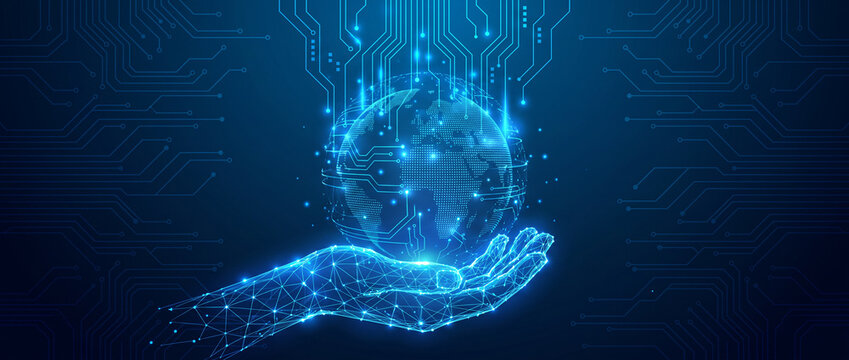 Digital Earth Globe in Futuristic Human Hand, Artificial Intelligence, Global Network, Cybersecurity and Advanced Technology