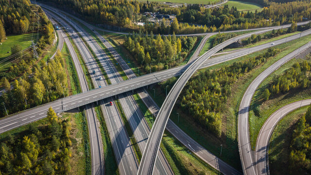 Aerial View of Highway Interchange in Autumn