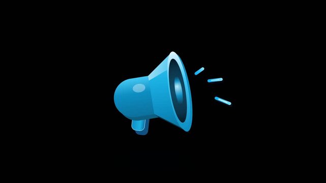 Multiple blue megaphones emitting sound on black background