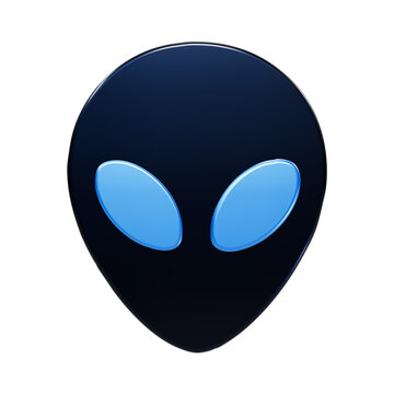 A3d rendered of a dark navy blue alien head with large, oval, light blue glowing eyes, featuring a smooth, glossy, reflective surface, isolated on a black background