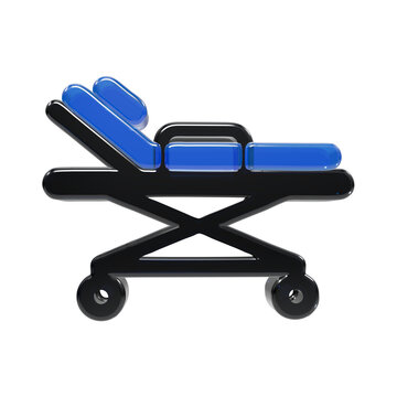 A3d rendered of a medical hospital gurney or stretcher with a black frame and glossy blue mattress, isolated on a white background, side view of patient transport