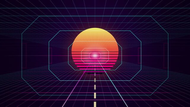 Retro futuristic road moving towards synthwave sun on neon grid