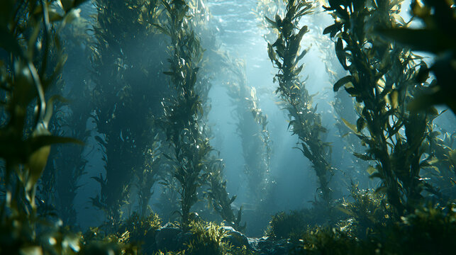 Underwater Kelp Forest Swaying Gently In Clear Blue Water, Dramatic Side Lighting With Deep Shadows, Macro Lens, Fine Detail, Cool Muted Blue-Gray Palette, Photorealistic, Ultra-Detailed