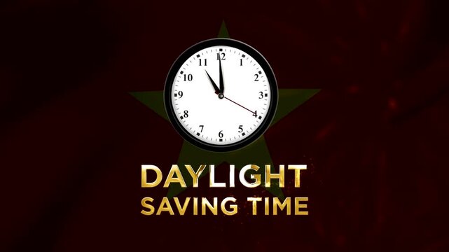 A clock icon featuring the text daylight saving time with glowing golden particles and a green star shape
