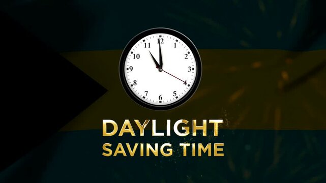 A clock showing daylight saving time concept with golden text overlay against a national flag background