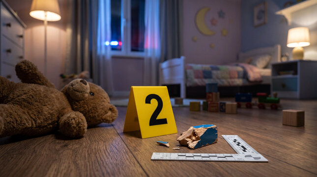 Forensic crime scene investigation in child's bedroom with evidence marker and broken toy