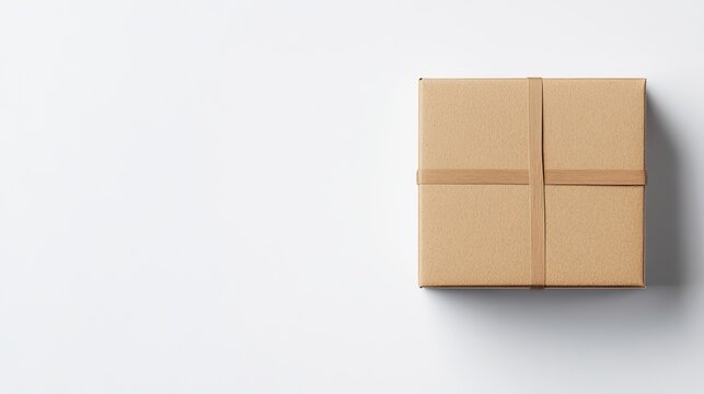 Simple cardboard box tied with twine rests flat against a stark white background, representing shipping concept and delivery