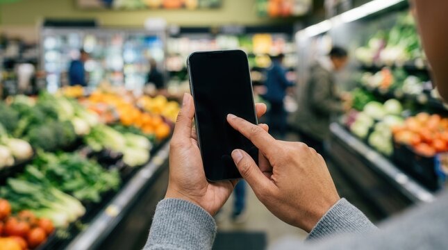 Person tapping a mobile phone with a blank screen in a supermarket produce aisle.