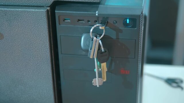 USB flash drive with keychain on the computer. Closeup. Shot in motion