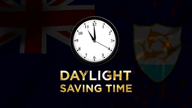 An analog wall clock showing time against the background of the national flag of Anguilla with gold daylight saving time text