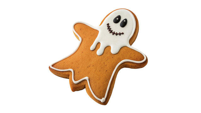 Halloween gingerbread cookie shaped like white spooky ghost isolated on transparent background