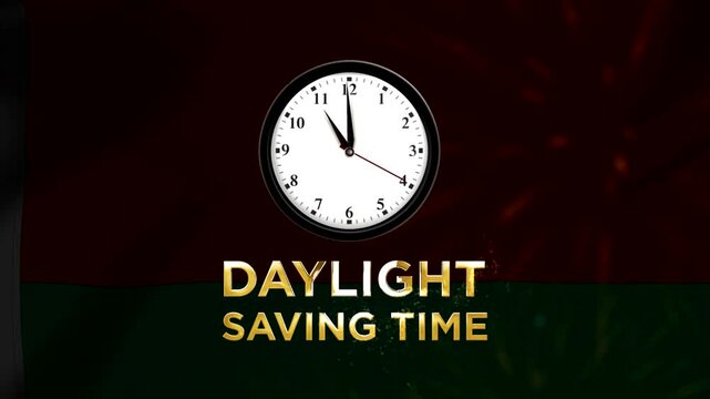 Analog wall clock displaying daylight saving time with golden glowing text