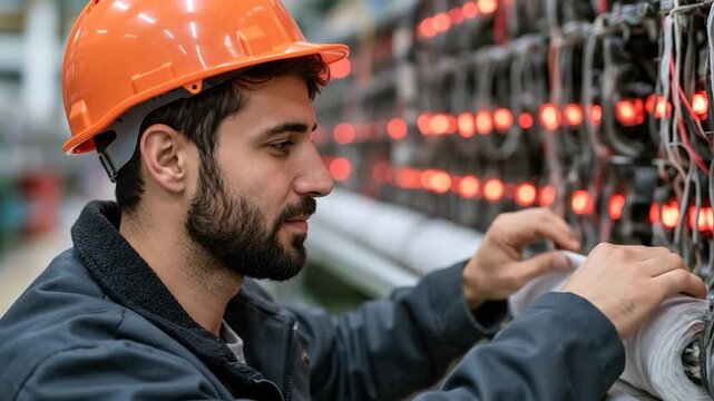 Industrial worker in hard hat smiling in front of server rack with red lights