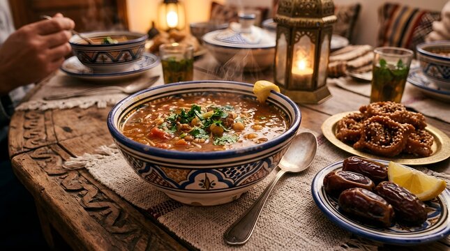 Traditional Moroccan Harira Soup in Ceramic Bowl, Ramadan Iftar Feast with Dates and Sweets, Rustic Arab Table Setup