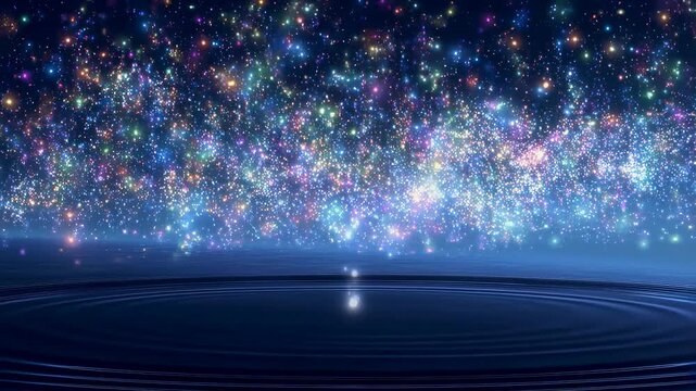 Colorful glowing particles pulse and disperse above a dark reflective surface while ripples form and fade. Animated scene combines particles and light bursts with layered visual depth.