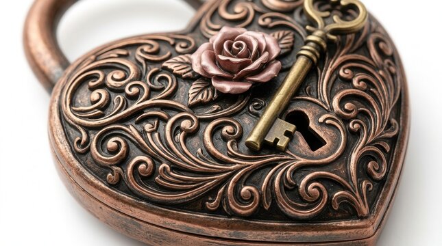 Romantic symbol of love with a bronze heart lock, rose, and key design.